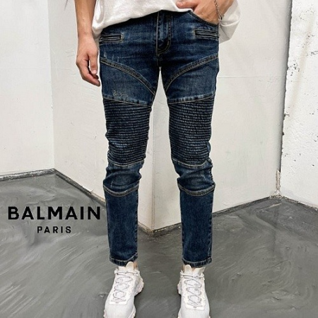 발* BALMAIN 진청 리프패널 바이커 데님