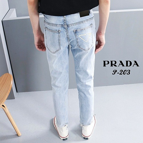 PRADA 테이터드 화살 패턴 워싱 데님 청바지 - 연청