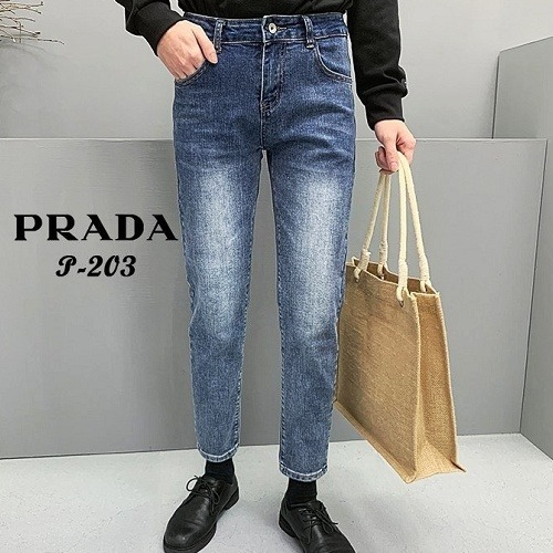 PRADA 테이터드 화살 패턴 워싱 데님 청바지 - 진청