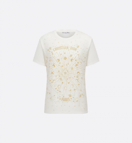 DIOR 자수 티셔츠 - 화이트 코튼 저지 & 골드 톤 Dior Astral 모티브