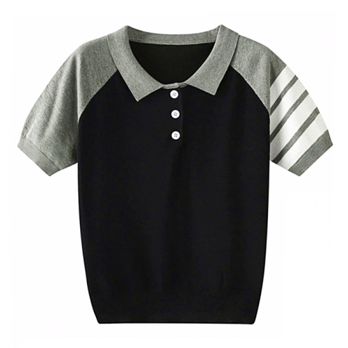 THOMBROWNE 숄더 배색 카라 반팔 니트