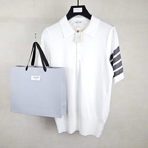 THOM BROWNE 사선완장 카라 반팔니트 - 크림