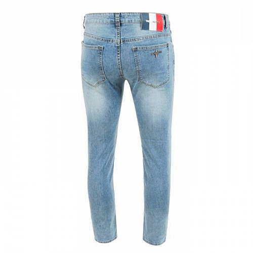 THOM BROWNE 삼색레더패치 스틸 연청 워싱 슬림진