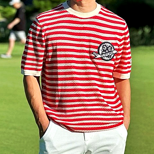 지포어 GFORE 메쉬 스트립 라운드 티셔츠