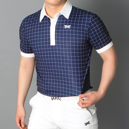 P*G 쿨 체크 반팔 카라 티셔츠