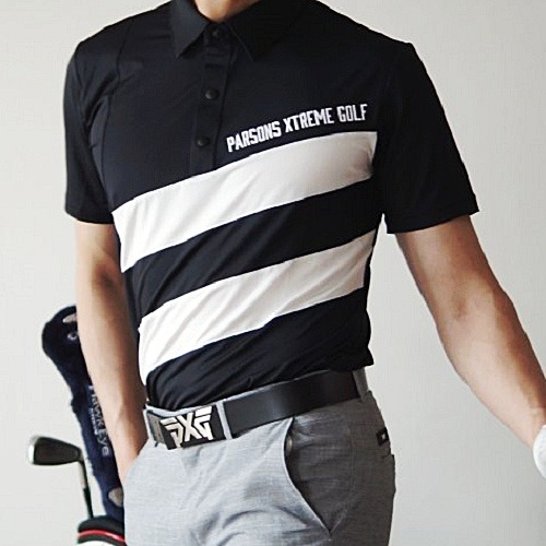 P*G GOLF 스트라이프 스넵버튼 카라 티셔츠