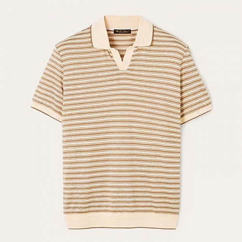 Loro Piana 엘보스트라이프 실크드리넨 숏슬리브 폴로