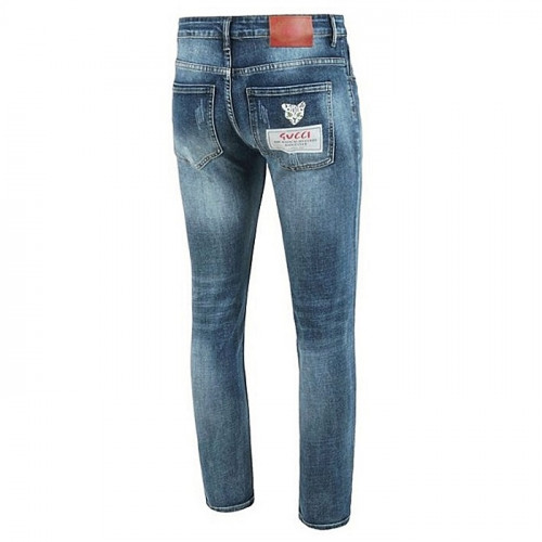 GUCCI 레더패치 캣 프린트 워싱 슬림진