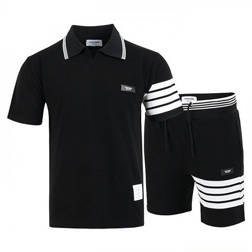 THOM BROWNE 화이트 시보리 오픈 카라 반팔 & 반바지 SET