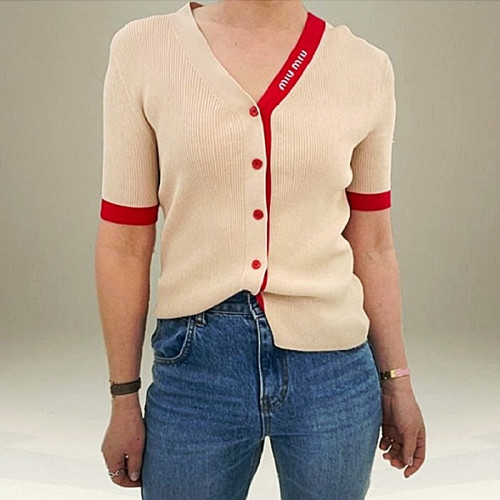 MIUMIU 하프 라인배색 반팔가디건