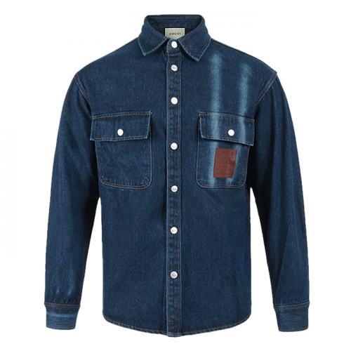 GUCCI 포켓 포인트레더 스냅 데님셔츠