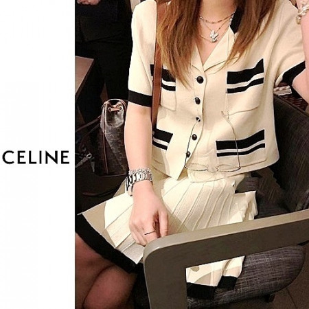 셀*느 배색 반팔 가디건 플리츠 세트