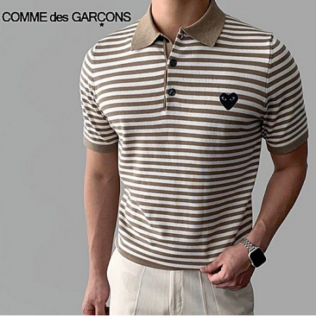 꼼데가*송 스트라이프 하트로고 카라 반팔