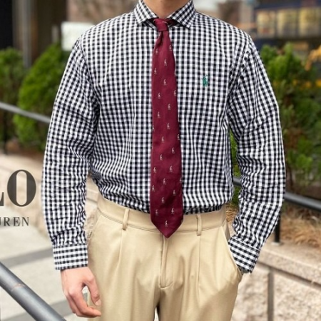 랄프*렌 와이드카라 미들깅엄체크 논 아이론 셔츠