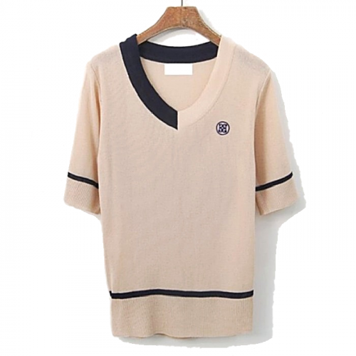 지*어 하프배색 브이 니트