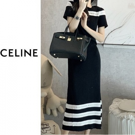 셀*느 배색라인 롱스커트 니트투피스