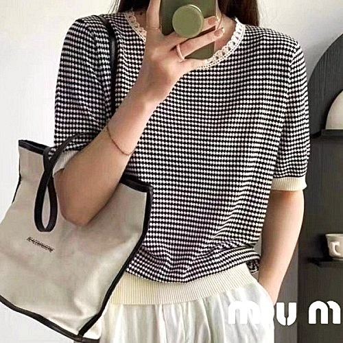 미우 MIUMIU 레이스넥 반팔니트