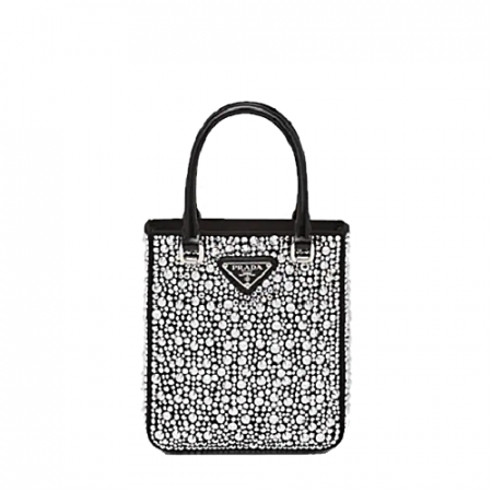 프라다 PRADA 크리스털 스터드 새틴 스몰 토트 백