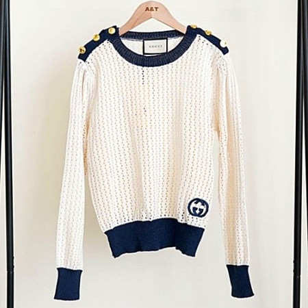 GUC*I 어깨 금장버튼 그물 라운드 니트 티셔츠