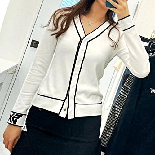 P*G 여성 라인배색 로고 니트가디건