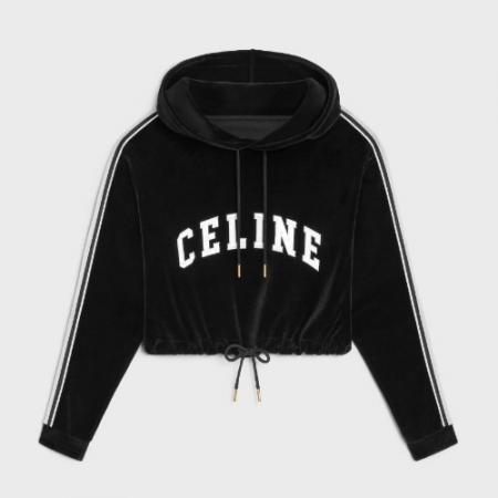CEL*NE 벨벳 저지 새틴 패치 크롭 후디 블랙