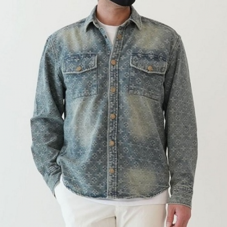 LOUIS VUITT*N 수입 남성 모노그램 자카드 데님 워크 셔츠