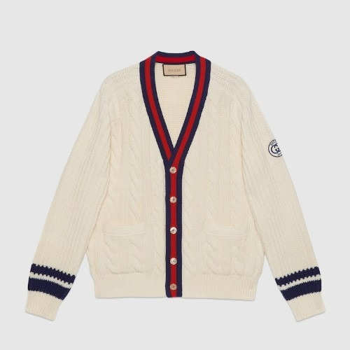 GUC*I 웹(WEB) 케이블 울 니트 가디건 - 아이보리 & 블루 & 레드