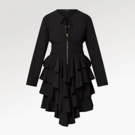 LOUIS VUI*TON 롱 슬리브드 티어드 드레스 - 블랙