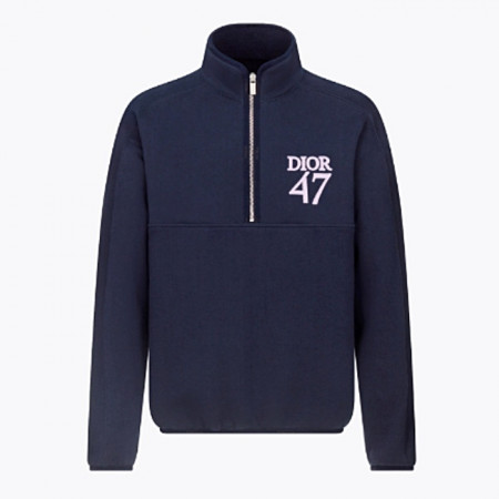 DI*R 레귤러 핏 스탠드 칼라 스웨터 - 네이비 블루 코튼 플리스