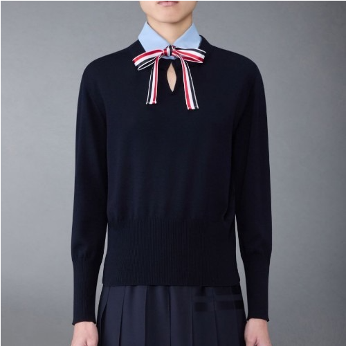 THOM BR*WNE 울 저지 오간자 칼라 리본 타이 콤보 풀오버 셔츠