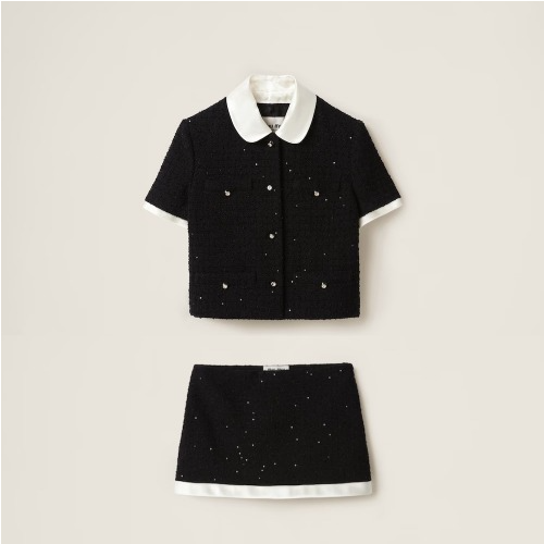 M*U MI* 싱글브레스트 부클레 재킷 & 시퀸 부클레 미니스커트 SET - 블랙