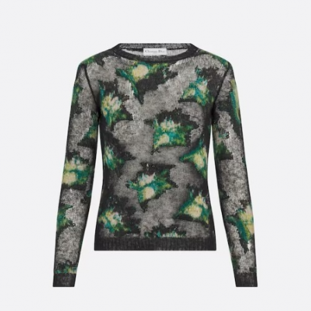 DI*R 스웨터 - 블랙 & 그린 블러 플라워 모티브 테크니컬 캐시미어 모헤어 알파카 니트