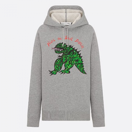 DI*R 자수 후드 스웨트셔츠 - 그레이 코튼 저지 & 그린 Dragon 모티브