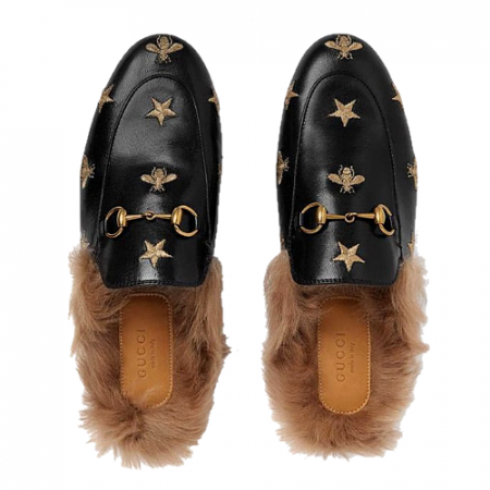 GUCCI 자수 퍼 가죽 블로퍼