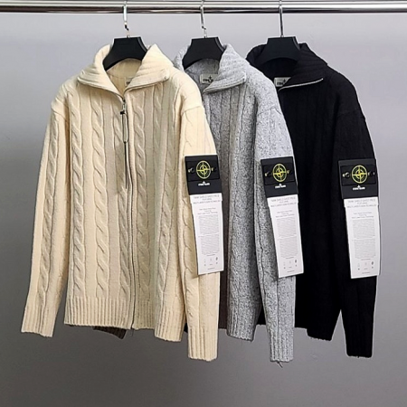 STONE ISLAND 하이넥 케이블 니트 집업