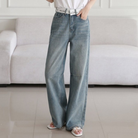 MIU M*U   웨스트 로고 포인트 와이드 데님 팬츠