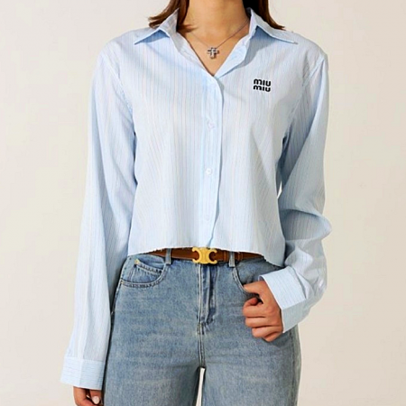 미우 MIUMIU 깅엄 체크 로우 컷 포플린셔츠