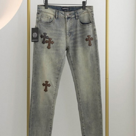 크롬*츠   레더 십자가 포인트 데님 팬츠