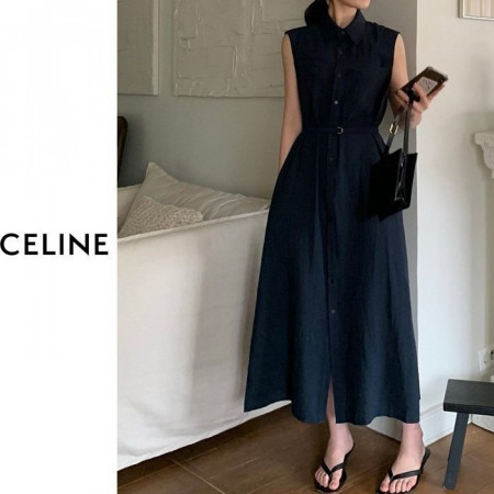 CELI*E   린넨 민소매 버튼 롱원피스