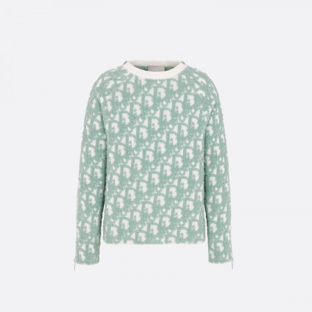 DIOR Dior Oblique 스웨터 - 화이트 & 라이트 그린 버진 울 코튼 블렌드 자카드