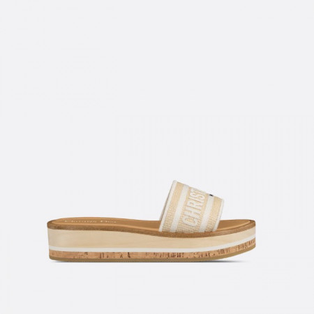 DIOR Dioriviera Dway 플랫폼 뮬 - 내추럴 라피아 & 화이트 자수 코튼