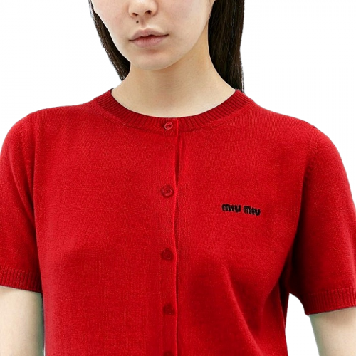 미우 MIUMIU 로고 라운드 반팔 가디건