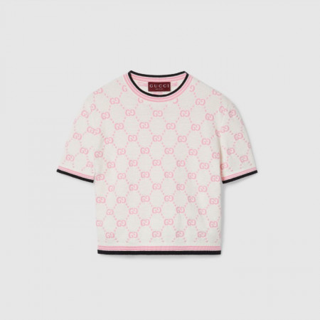 GUCCI GG 인타르시아 코튼 크루넥 탑 - 아이보리 / 핑크