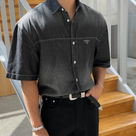 PRA*A   19861_PRD 워싱 반팔 데님셔츠