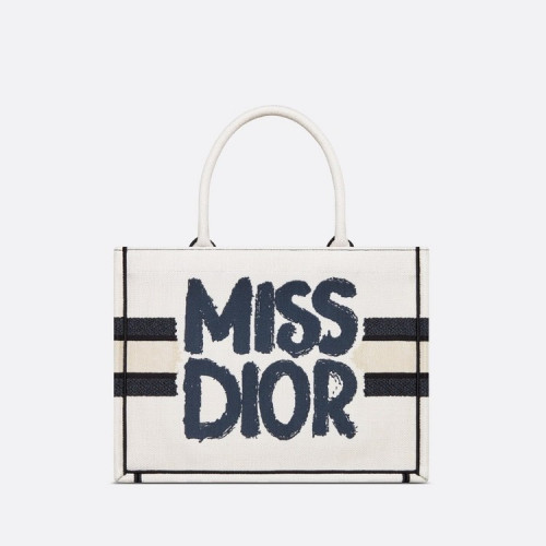 Dior Book Tote 미디엄 백 - 화이트 & 블루 Miss Dior Graffiti 자수