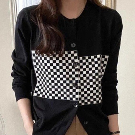 루이*통   센터 바둑판 니트가디건