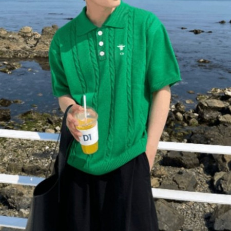 Di*r   18260_DO 오버핏 케이블 카라 자수 반팔니트