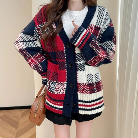 톰브*운   T빅 레드톤 체크 니트가디건 (1010)