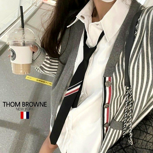 THOMBROWNE 스트라이프 배색니트 가디건